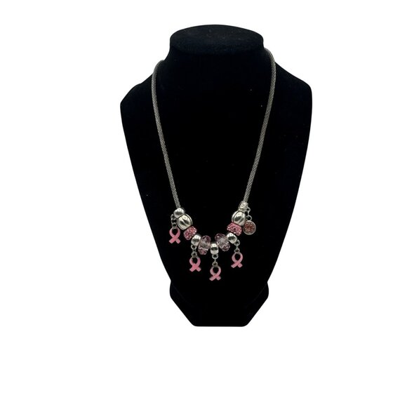 Breast Cancer Awareness Necklace Pink Ribbon Charms Adjustable Chain Rhinestone - Picture 1 of 3